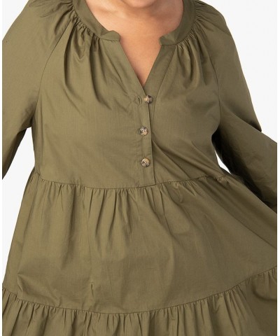 Women's Cotton 3/4-Sleeve Babydoll Dress Dark Green $36.85 Dresses