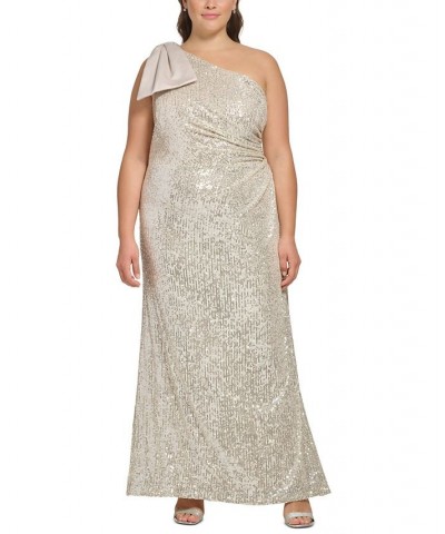 Plus Size Sequined Bow One-Shoulder Gown Champagne $46.90 Dresses