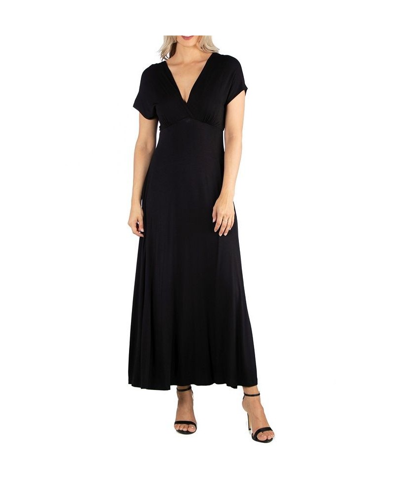 Women's Cap Sleeve V-Neck Maxi Dress Black $26.00 Dresses