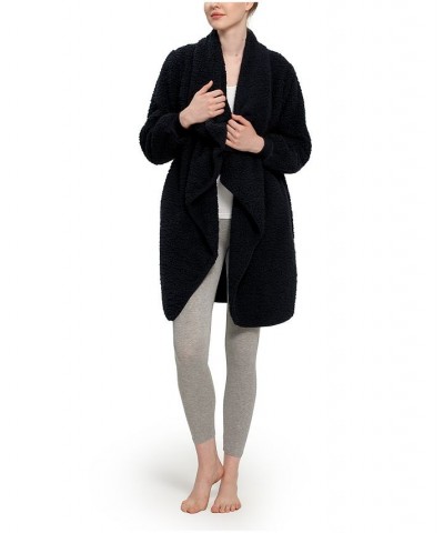 Women's Rib Knit Cuff Open Front with Cascading Cardigan Black $28.80 Sleepwear
