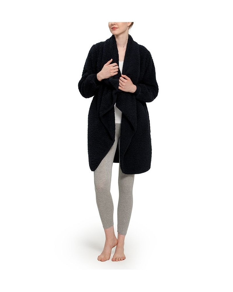 Women's Rib Knit Cuff Open Front with Cascading Cardigan Black $28.80 Sleepwear