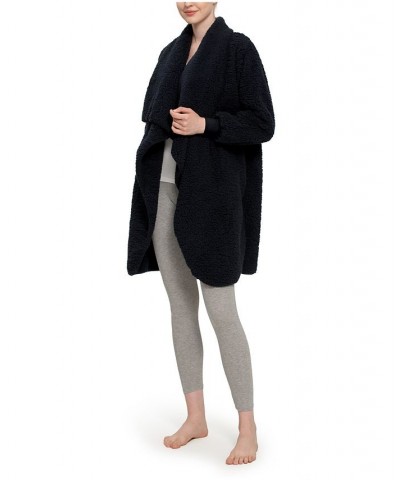 Women's Rib Knit Cuff Open Front with Cascading Cardigan Black $28.80 Sleepwear