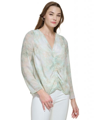 Women's Long Sleeve Printed V-Neck Blouse Celadon Combo $38.49 Tops