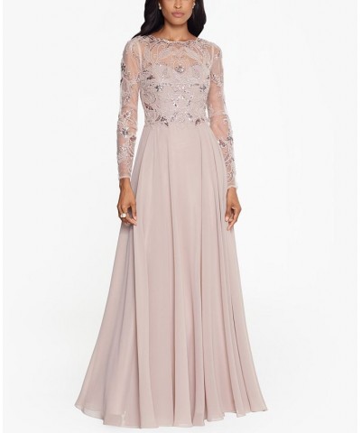 Petite Mesh-Sleeve Embellished Gown Taupe $123.60 Dresses