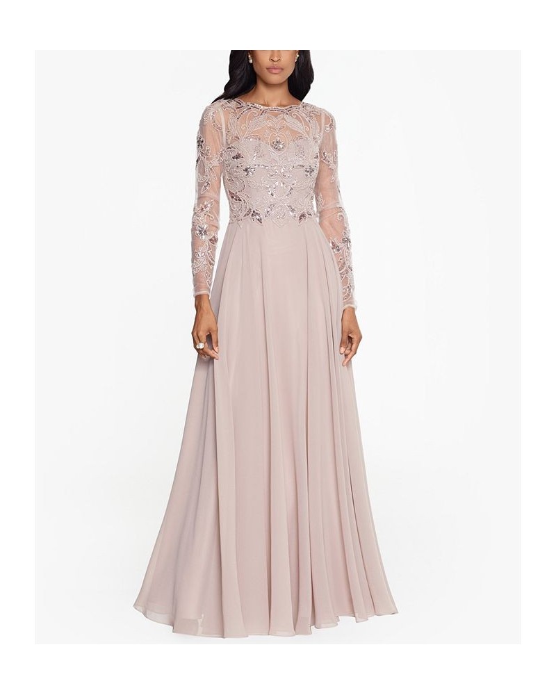 Petite Mesh-Sleeve Embellished Gown Taupe $123.60 Dresses