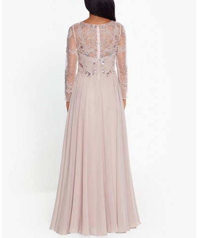 Petite Mesh-Sleeve Embellished Gown Taupe $123.60 Dresses