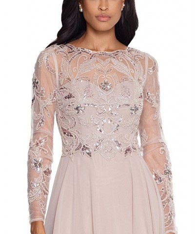 Petite Mesh-Sleeve Embellished Gown Taupe $123.60 Dresses