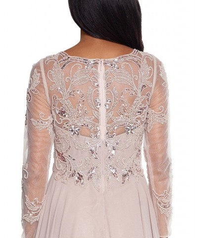 Petite Mesh-Sleeve Embellished Gown Taupe $123.60 Dresses