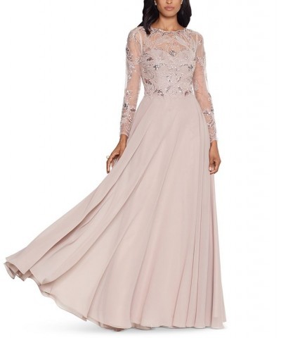 Petite Mesh-Sleeve Embellished Gown Taupe $123.60 Dresses