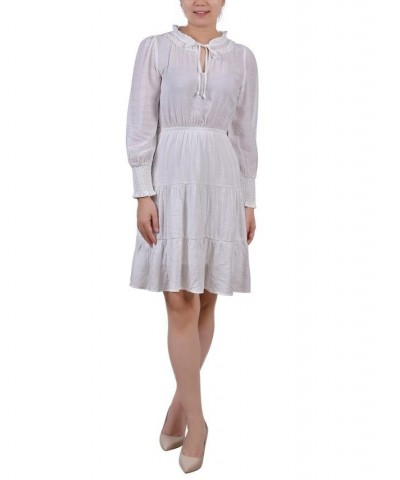 Petite Long Sleeve Tiered Dress with Ruffled Neck White $16.77 Dresses