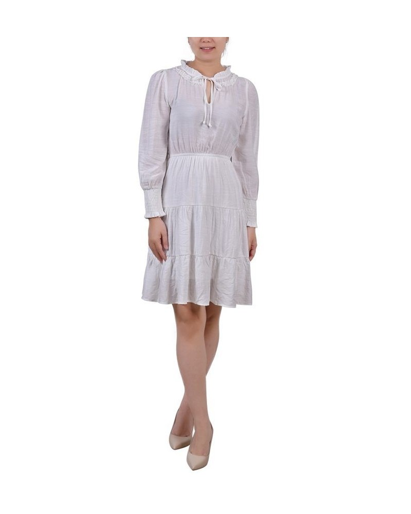 Petite Long Sleeve Tiered Dress with Ruffled Neck White $16.77 Dresses