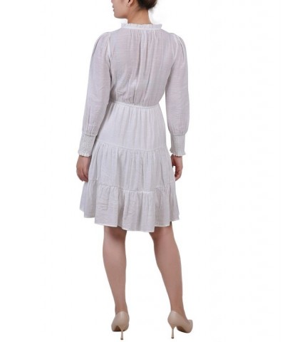 Petite Long Sleeve Tiered Dress with Ruffled Neck White $16.77 Dresses