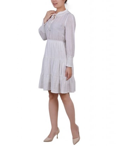 Petite Long Sleeve Tiered Dress with Ruffled Neck White $16.77 Dresses