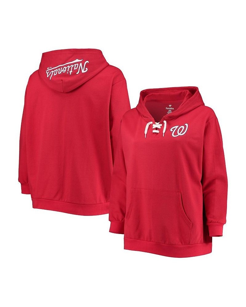 Women's Red Washington Nationals Plus Size Lace-Up V-Neck Pullover Hoodie Red $26.40 Sweatshirts