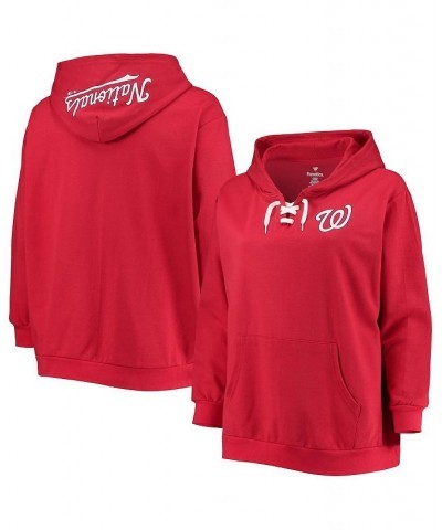 Women's Red Washington Nationals Plus Size Lace-Up V-Neck Pullover Hoodie Red $26.40 Sweatshirts