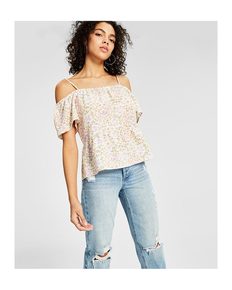 Juniors' Elasticized Short-Sleeve Cold-Shoulder Top White $15.00 Tops