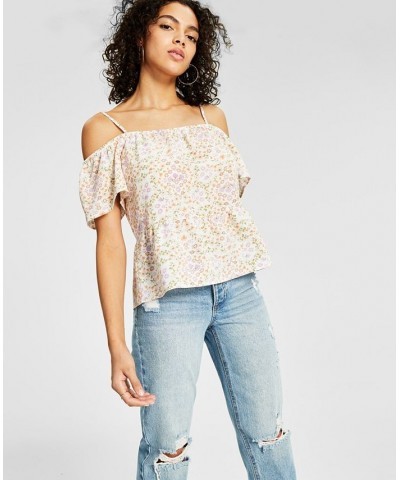 Juniors' Elasticized Short-Sleeve Cold-Shoulder Top White $15.00 Tops