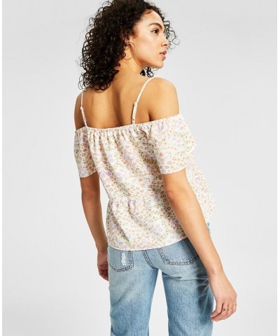 Juniors' Elasticized Short-Sleeve Cold-Shoulder Top White $15.00 Tops