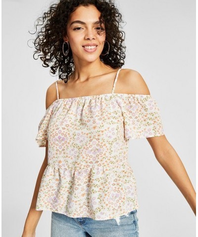 Juniors' Elasticized Short-Sleeve Cold-Shoulder Top White $15.00 Tops