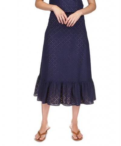 Women's Eyelet Ruffled Midi Skirt Blue $88.15 Skirts