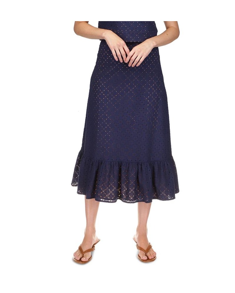 Women's Eyelet Ruffled Midi Skirt Blue $88.15 Skirts