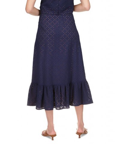 Women's Eyelet Ruffled Midi Skirt Blue $88.15 Skirts