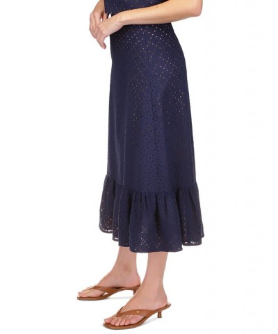 Women's Eyelet Ruffled Midi Skirt Blue $88.15 Skirts