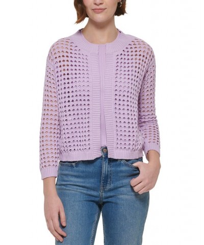 Women's Cotton Open-Stitch Cardigan Sweater Purple $22.38 Sweaters