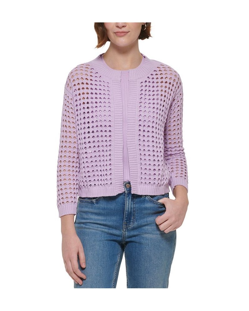 Women's Cotton Open-Stitch Cardigan Sweater Purple $22.38 Sweaters