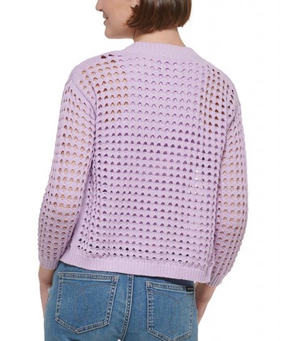 Women's Cotton Open-Stitch Cardigan Sweater Purple $22.38 Sweaters