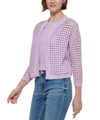 Women's Cotton Open-Stitch Cardigan Sweater Purple $22.38 Sweaters