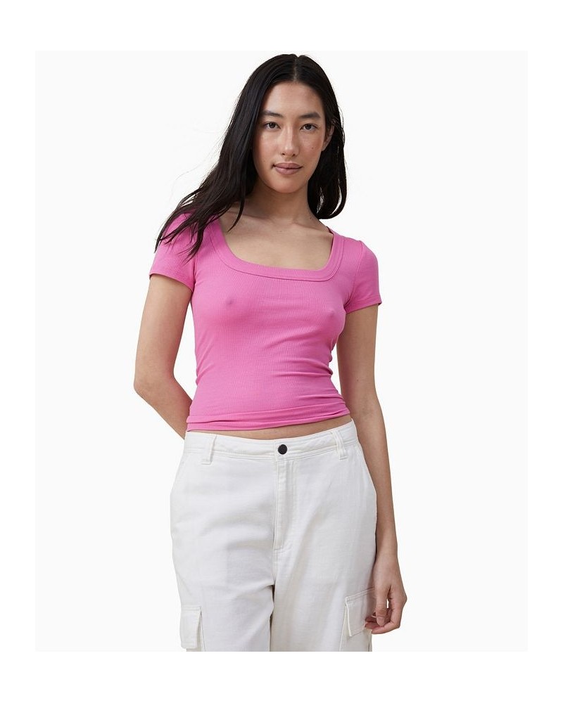 Women's Staple Rib Scoop Neck Short Sleeve Top Pink $17.15 Tops