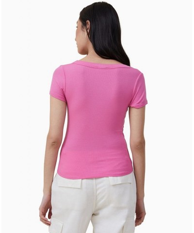 Women's Staple Rib Scoop Neck Short Sleeve Top Pink $17.15 Tops