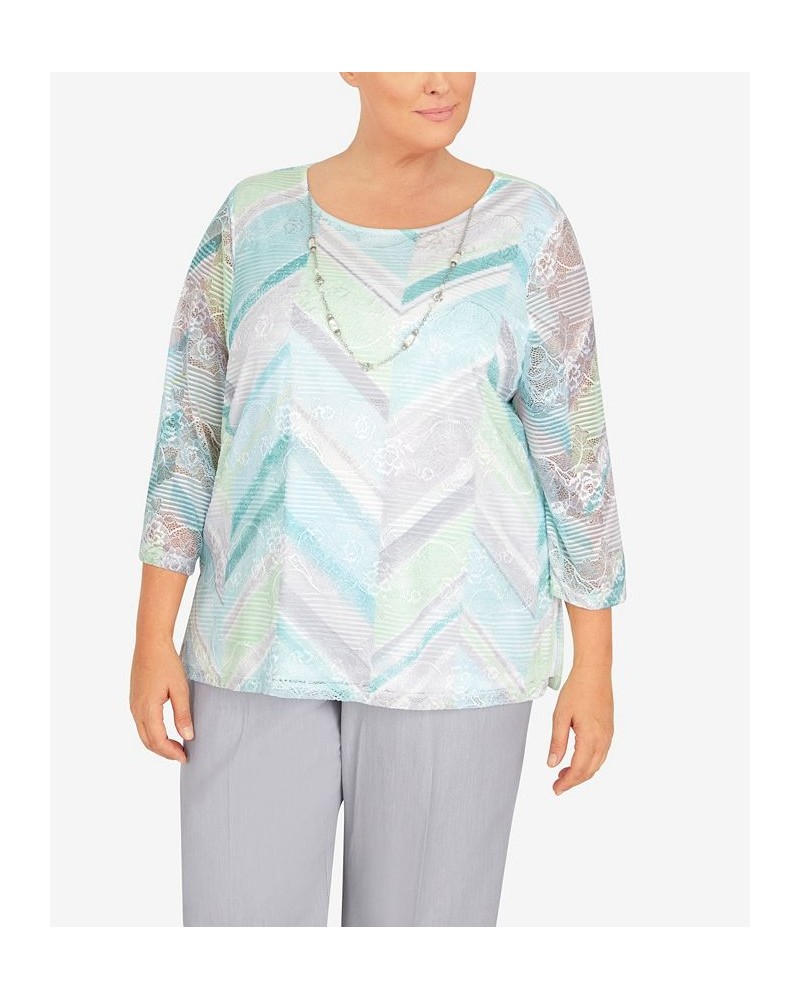 Plus Size Lady Like Chevron Lace Knit Top with Necklace Multi $33.08 Tops