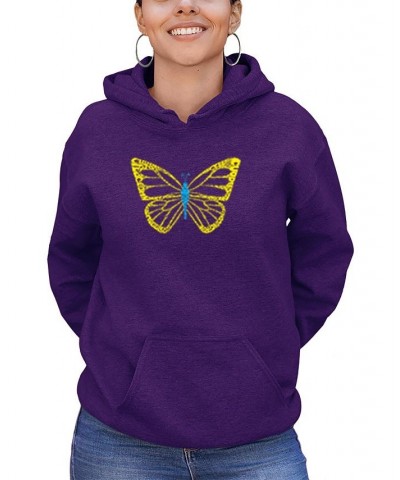 Women's Butterfly Word Art Hooded Sweatshirt Purple $26.40 Tops