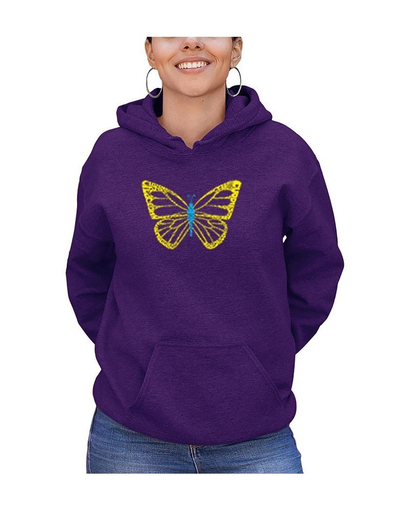 Women's Butterfly Word Art Hooded Sweatshirt Purple $26.40 Tops