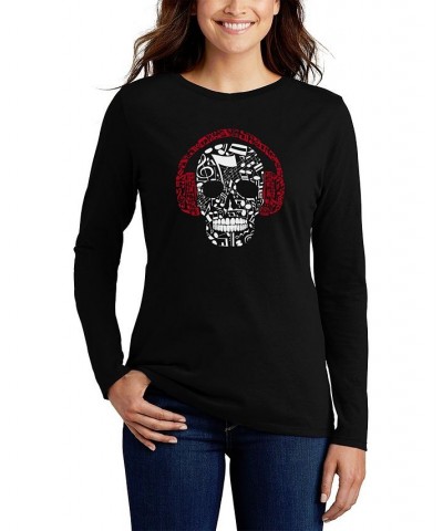 Women's Music Notes Skull Word Art Long Sleeve T-shirt Black $15.17 Tops