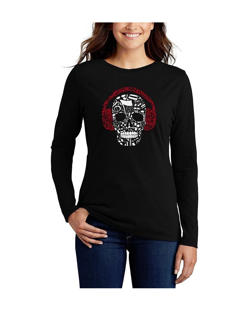 Women's Music Notes Skull Word Art Long Sleeve T-shirt Black $15.17 Tops