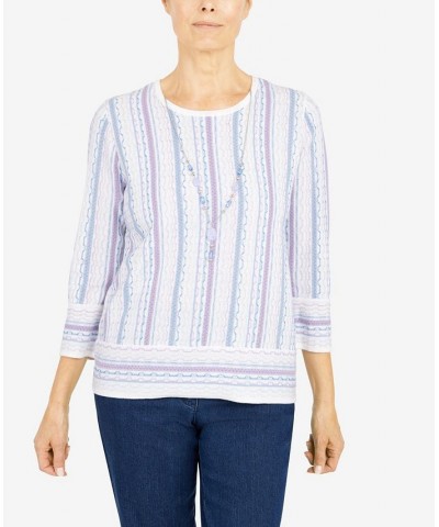 Petite Victoria Falls Crew Neck Three-Quarter Bell Sleeve Stripe Sweater with Removable Necklace Multi $23.17 Sweaters