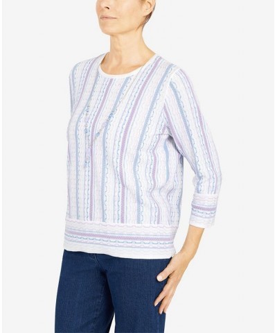 Petite Victoria Falls Crew Neck Three-Quarter Bell Sleeve Stripe Sweater with Removable Necklace Multi $23.17 Sweaters