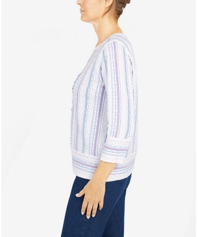 Petite Victoria Falls Crew Neck Three-Quarter Bell Sleeve Stripe Sweater with Removable Necklace Multi $23.17 Sweaters