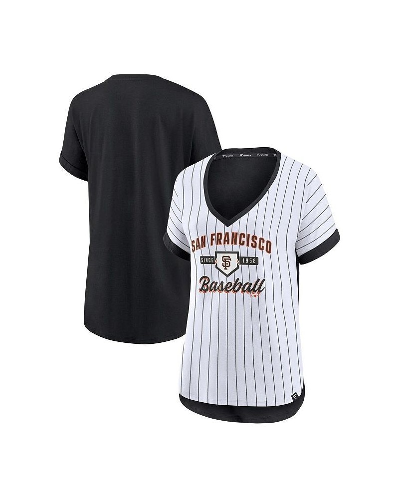 Women's Branded White and Black San Francisco Giants Iconic Noise Factor Pinstripe V-Neck T-shirt White, Black $19.80 Tops