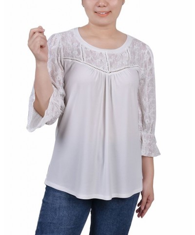 Petite 3/4 Sleeve with Embroidered Mesh Yoke and Sleeves Crepe Top White $14.08 Tops
