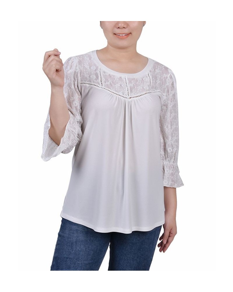 Petite 3/4 Sleeve with Embroidered Mesh Yoke and Sleeves Crepe Top White $14.08 Tops