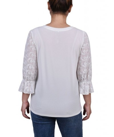 Petite 3/4 Sleeve with Embroidered Mesh Yoke and Sleeves Crepe Top White $14.08 Tops