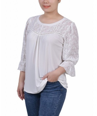 Petite 3/4 Sleeve with Embroidered Mesh Yoke and Sleeves Crepe Top White $14.08 Tops