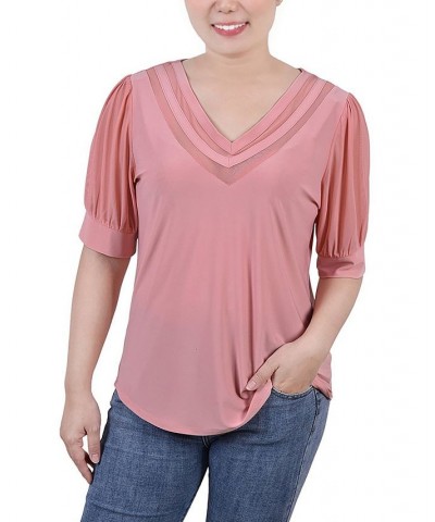 Petite Size Short Puff Sleeve V-neck Top Mellow Rose $17.36 Tops