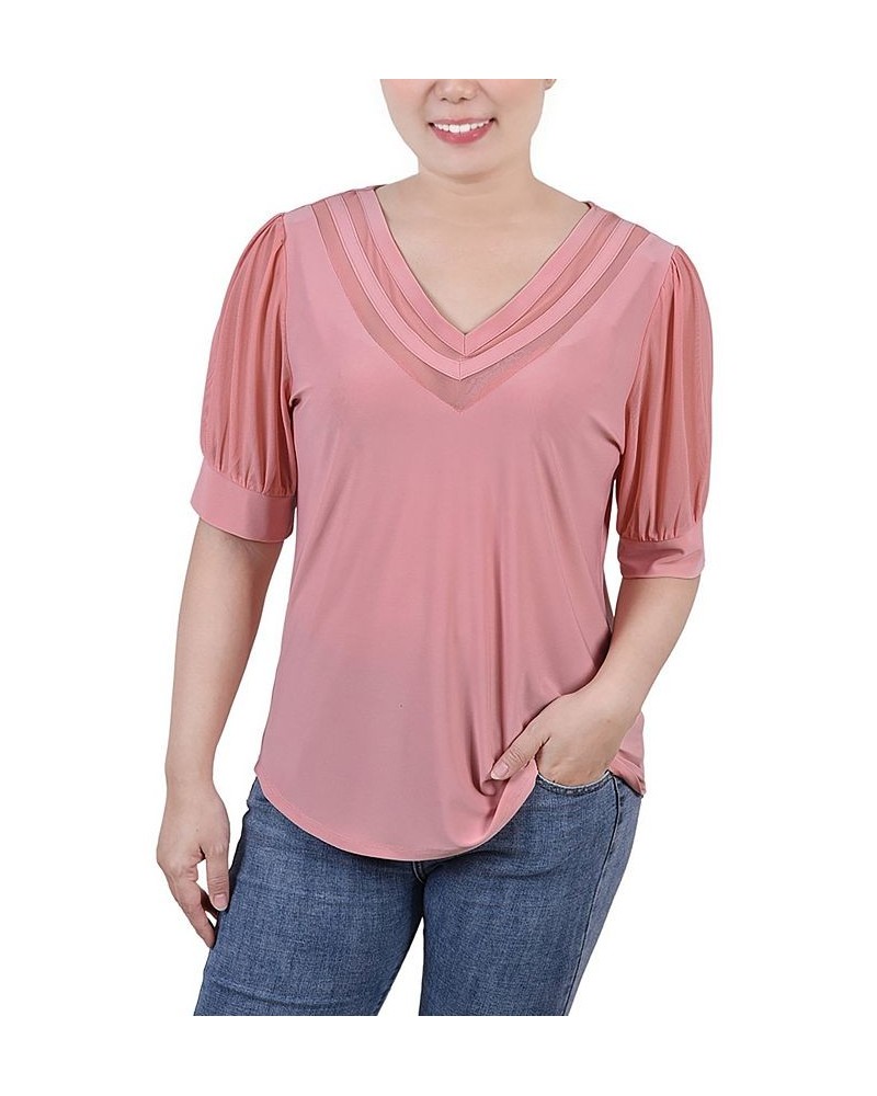 Petite Size Short Puff Sleeve V-neck Top Mellow Rose $17.36 Tops