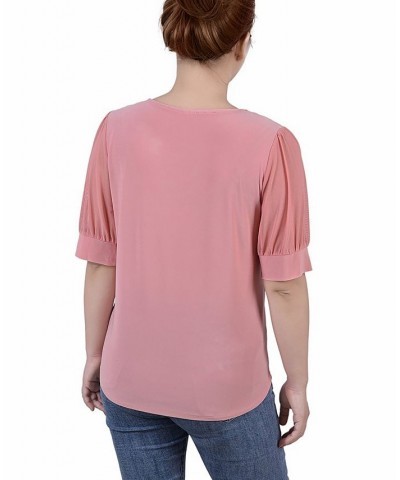 Petite Size Short Puff Sleeve V-neck Top Mellow Rose $17.36 Tops