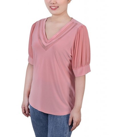 Petite Size Short Puff Sleeve V-neck Top Mellow Rose $17.36 Tops